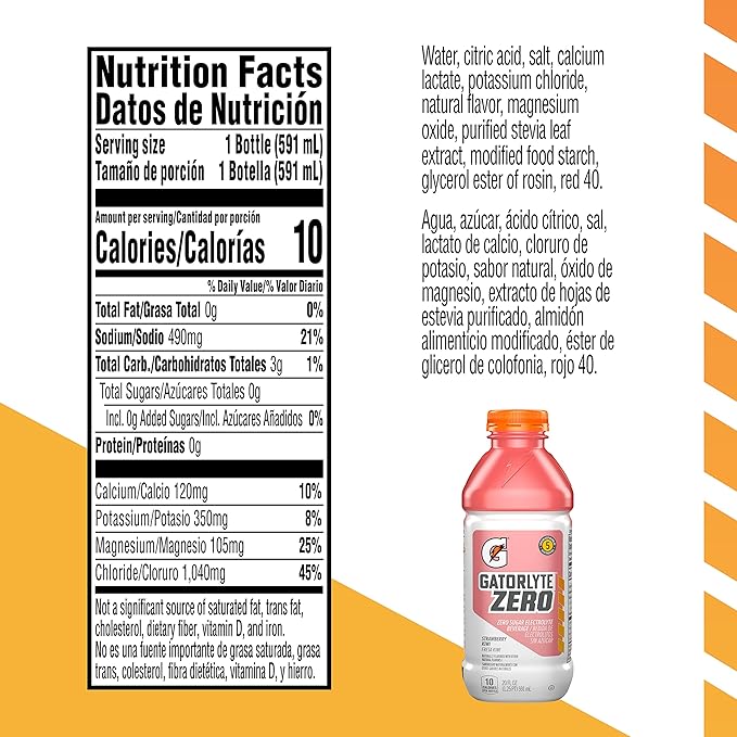 Gatorlyte Zero Electrolyte Beverage Strawberry Kiwi Zero Sugar Hydration Specialized Blend of 5 Electrolytes No Artificial Sweeteners or Flavors 20 Oz Bottles (Pack of 12)