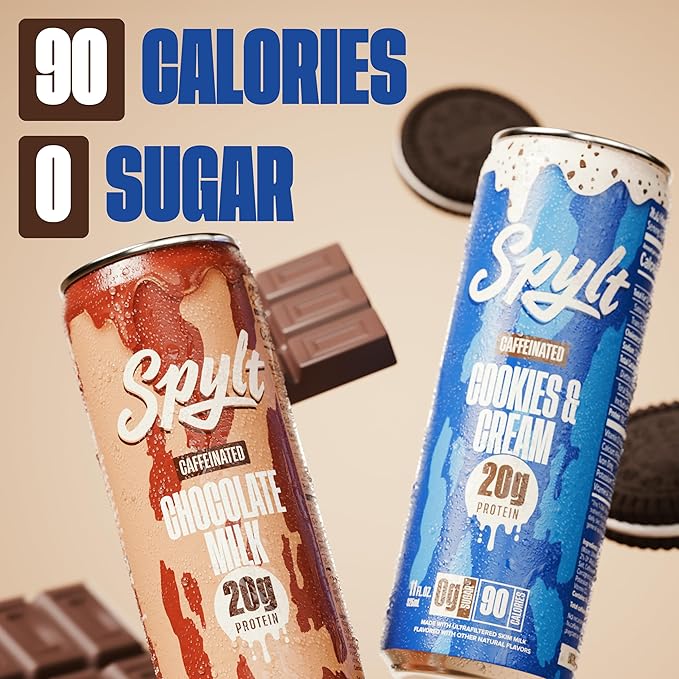 Spylt High Protein Chocolate/Cookies &amp Cream Milk with 60mg Caffeine &amp 20g Protein - 90 Calories Ready to Drink Sugar Free Lactose Free Milk Perfect for Workout Recovery &amp Afternoon Pi