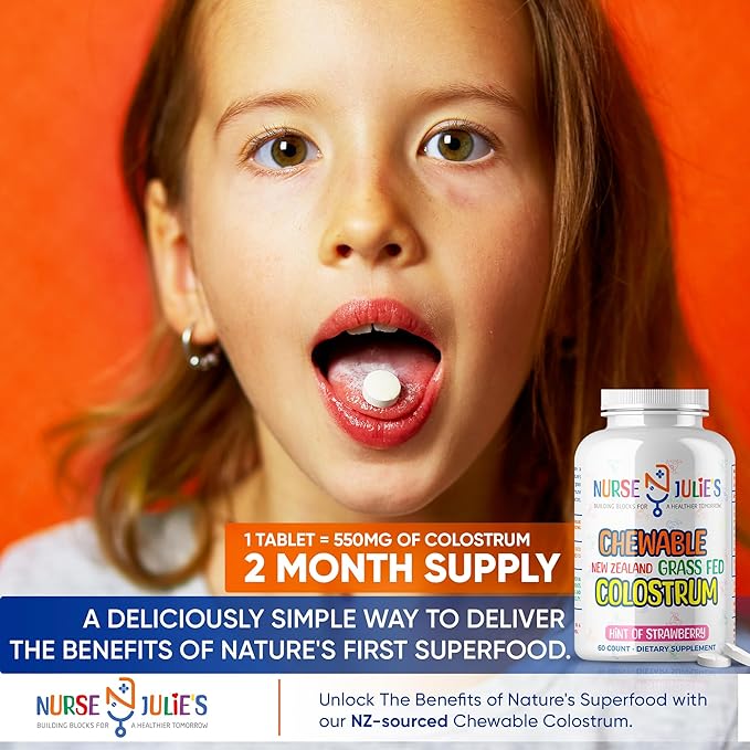 Nurse Julie's Chewable Colostrum Tablets for Kids - 100% Grassfed New Zealand Colostrum - Immune Support Gut Health in Children - 60 Tablets - 2 Month Supply