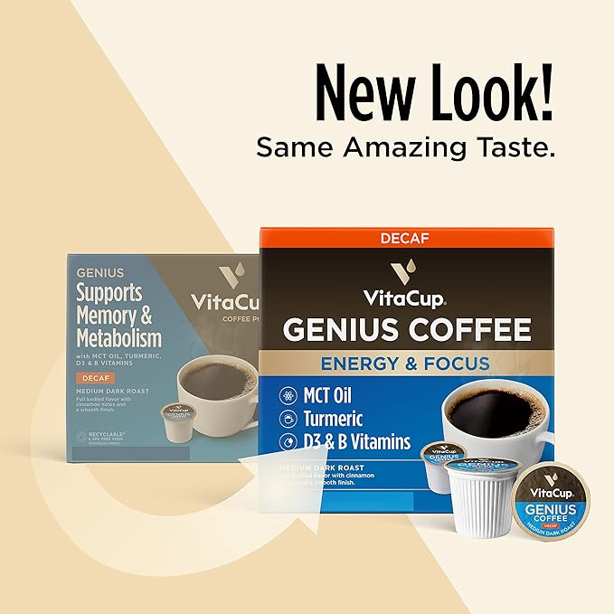 Decaf Genius Keto Coffee Pods with MCT Oil Turmeric and B Vitamins by VitaCup for Focus in Single Serve Pod Compatible with K-Cup Brewers Including Keurig 2.0 32 CT
