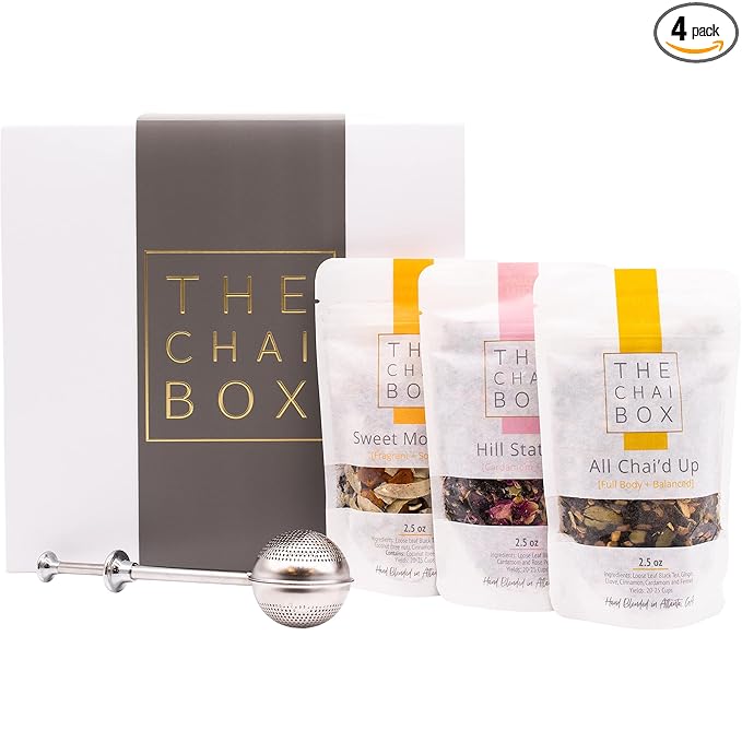 The Chai Box Top Selling Loose Leaf Tea Gift Set - Featured in Oprah's Favorite Things | 3-Flavor Caffeinated Chai Tea Gift Box with Stainless Steel Steeper (3 Pack) | Small Batch Loose Leaf Tea with
