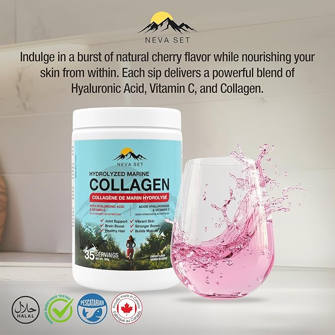 HYDROLYZED Marine Collagen with HYALURONIC Acid &amp Vitamin C – 350g/70 Scoops from NevaSet with Delicious Natural Cherry Flavour. Supports Joints Hair Skin Bones Muscles and Cognitive Functio