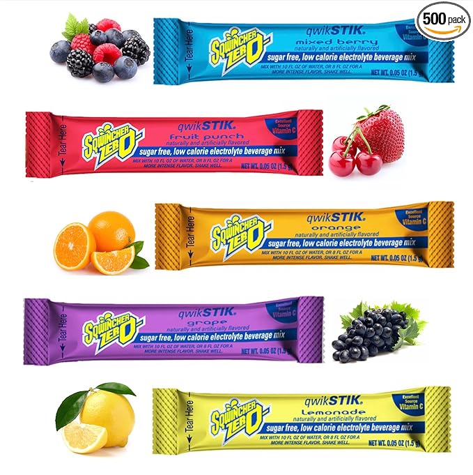 Sqwiincher Zero Qwik Stik Electrolyte Powder Hydration Drink Mix Multi Flavors - 0.05 0z Packet - (500 Pack Assorted Flavors)
