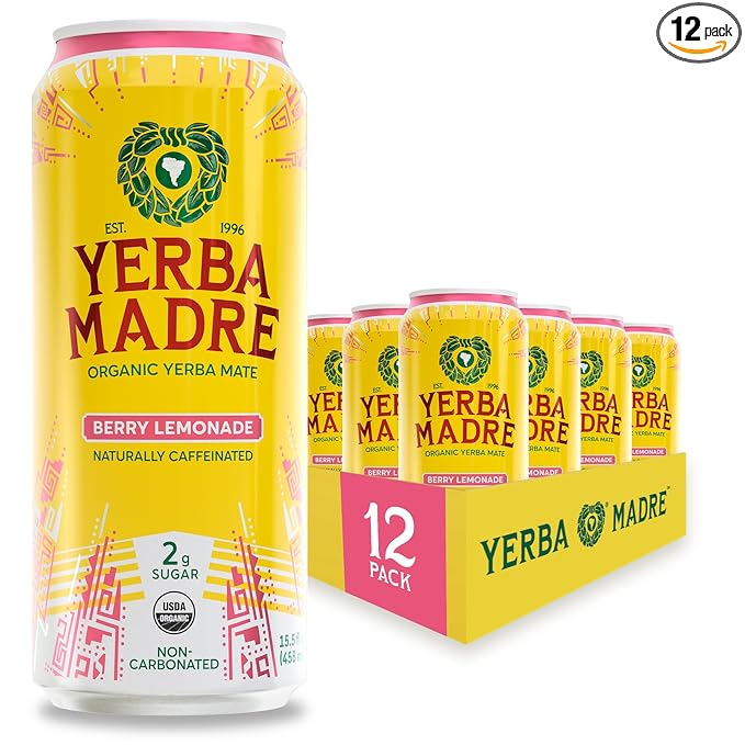 Yerba Madre Organic Yerba Mate Low Sugar Berry Lemonade 150mg Natural Caffeine Energy Drink Alternative No Jitters or Crash 15.5 Oz (Pack of 12)