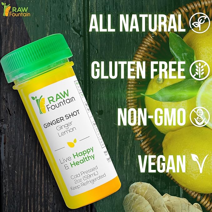 20 Ginger Shots with Lemon 2fl Oz Vitamin C Raw and Cold Pressed Unpasteurized Boosts Immunity All Natural No Artificial Flavors or Preservatives