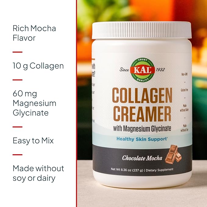 KAL Collagen Creamer Mocha Flavor Keto Coffee Creamer with Coconut Milk Powder Hydrolyzed Collagen Powder Magnesium Glycinate Non Dairy Creamer 60-Day Guarantee 12 Servings 8.36 oz