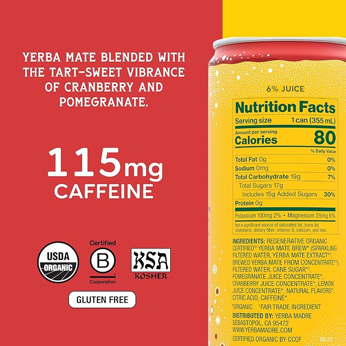 Yerba Madre Organic Sparkling Yerba Mate Cranberry Pom 115mg Natural Plant Based Caffeine Smooth Energy &amp Focus Carbonated 12oz Cans (Pack of 12) (Packaging May Vary)