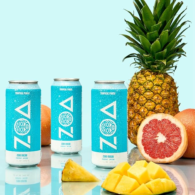 ZOA Zero Sugar Energy Drinks Tropical Punch - Sugar Free with Electrolytes Healthy Vitamin C Amino Acids Essential B-Vitamins and Caffeine from Green Tea - 16 Fl Oz (12-Pack)
