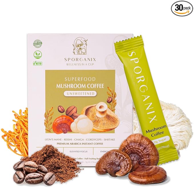Sporganix Organic Mushroom Coffee – Instant Arabica with 5 Functional Mushrooms (Lion’s Mane Reishi Chaga Cordyceps Shiitake) – Unsweetened Medium Roast 30 Servings for Focus &amp Energy