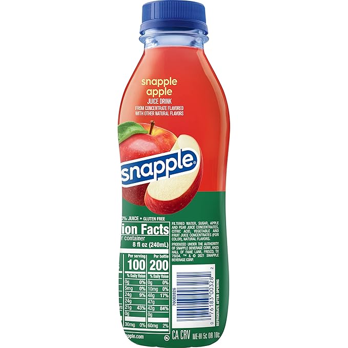 Snapple Apple Juice Drink 16 Fl Oz Recycled Plastic Bottle All Natural No Artificial Flavors Or Sweeteners Gluten-free Contains 10% Real Juice 12 Pack
