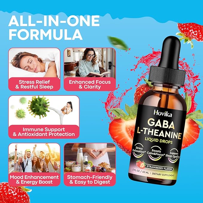 GABA L-Theanine Drops - Liquid GABA L-Theanine Supplement with L-Theanine Ashwagandha Magnesium Glycinate Vitamin C B6 - Support Sleep Relaxation Calm Mood &amp Focus - Strawberry Flavor 2 Fl