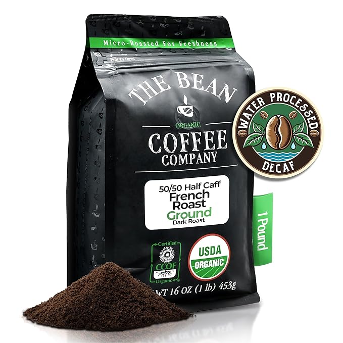 The Bean Organic Coffee Company 50/50 (Half Caff) French Roast 50% Decaf Dark Roast Ground Coffee 16-Ounce Bag Café Molido Tostado Orgánico descafeinado