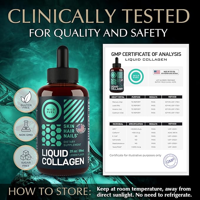 WILD FUEL Liquid Collagen Peptides with Biotin Vitamins for Hair Skin and Nails - 30000mcg Biotin and Collagen Liquid for Women and Men - Lemon Flavor up to 2-Month - 2 oz