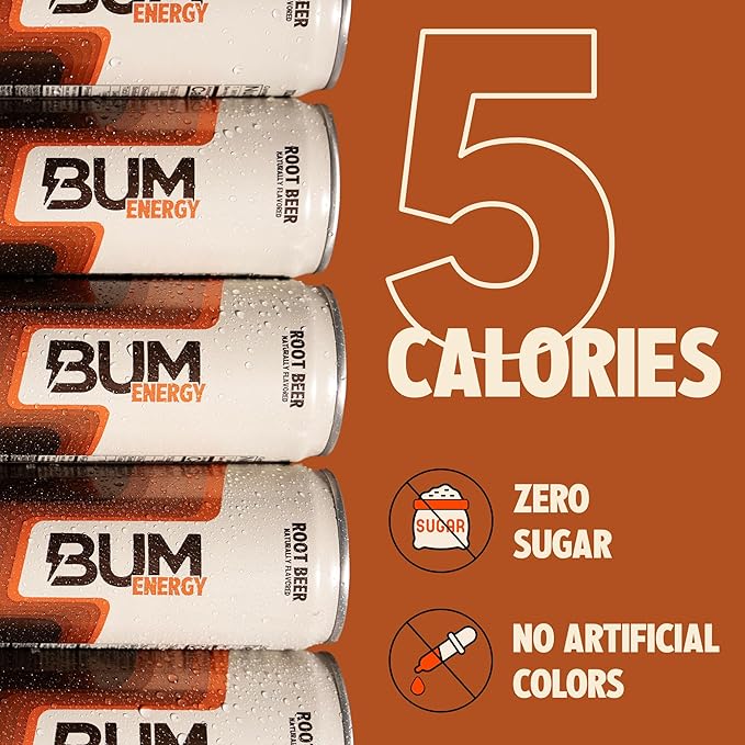BUM Sugar-Free Energy Drink Root Beer - Lightly Carbonated &amp No Artificial Colors Natural Caffeine &amp Citicoline for Energy &amp Focus Brain Boost &amp Workout Sports Beverage - 12 oz Pac