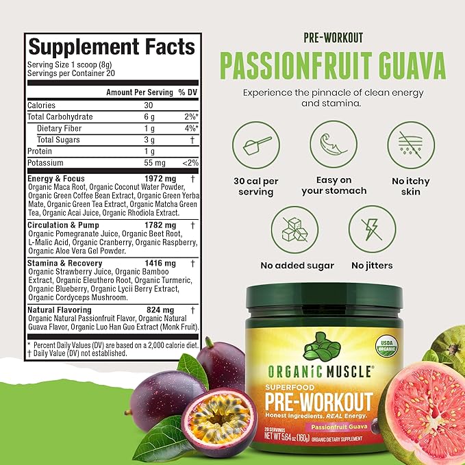 USDA Organic Pre-Workout Powder Passionfruit Guava | Clean Energy Without Jitters | Natural Performance Boost | No Artificial Sweeteners | 20 Superfoods | Low Caffeine 20 Servings