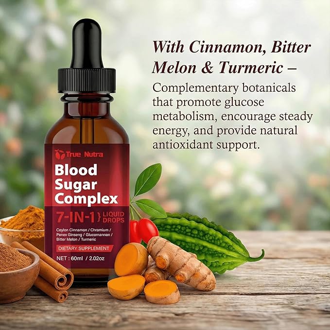 Blood Sugar Complex 7-in-1 Formula Blood Sugar Support Supplement with Berberine Ceylon Cinnamon Chromium Bitter Melon Turmeric Ginseng Glucomannan (1PCS)