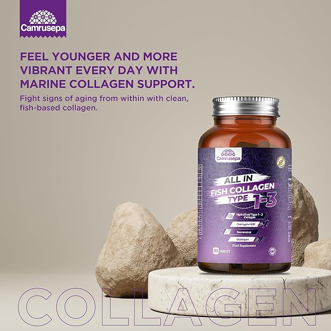 All in Fish Collagen Type 1-3 – Marine Collagen Tablets with Hyaluronic Acid Resveratrol Glutathione Selenium Zinc &amp Vitamins – Hair Skin Joint &amp Nail Support – 90 Tablets