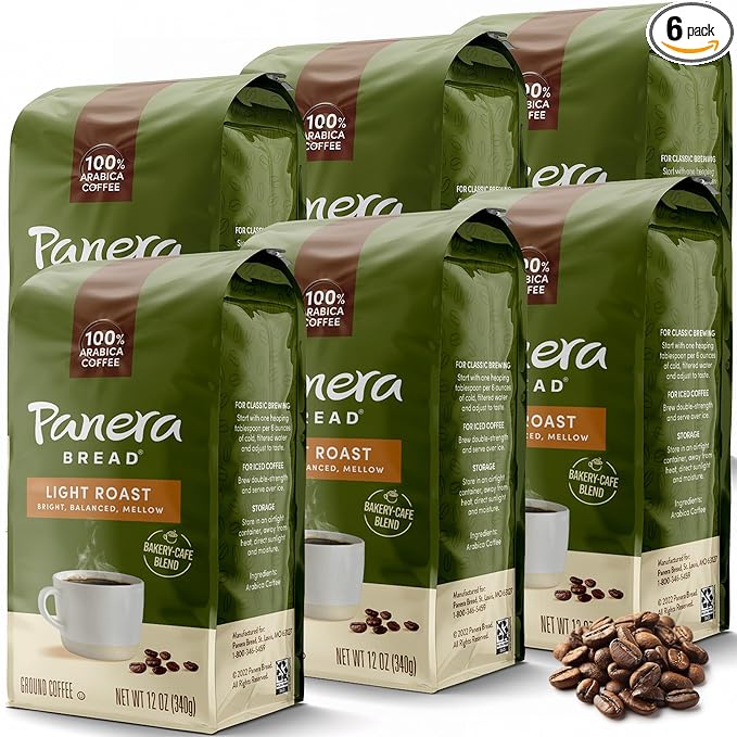 Panera Light Roast Ground Coffee 100% Arabica Sustainably Sourced – Smooth Bright &amp Balanced Flavor – Clean Label No Artificial Ingredients – Kosher Gluten-Free 12oz Bag Pack of 6 (72oz Total