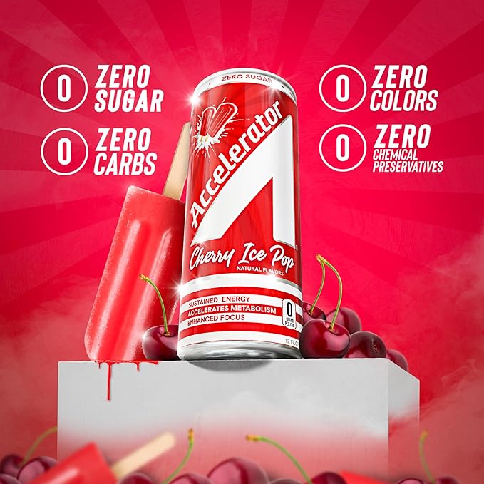 Accelerator Energy DrinkCherry Ice Pop 12oz canZero SugarSustained Energy from 100% Natural Caffeine (200mg from Green Coffee Bean &amp Green Tea extract)(Pack of 24)