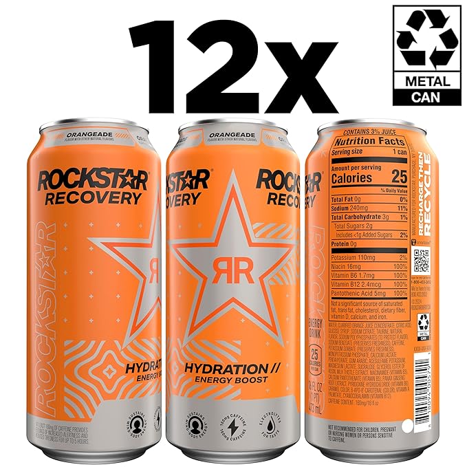 Rockstar Energy Drink with Caffeine Taurine and Electrolytes Recovery Orange 16 Fl Oz (Pack of 12)
