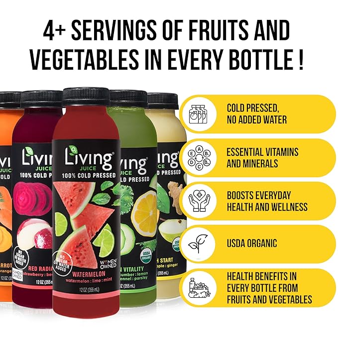 O2 Living Organic Cold-Pressed Juice Drink - 12oz Variety Pack + Watermelon 12 Pack No Added Sugars or Water Natural Sweetness from Fruits Packed with Nutrients and Vitamins Refreshing Non-GMO