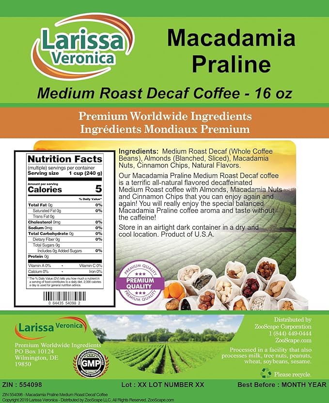 Macadamia Praline Medium Roast Decaf Coffee (Gourmet Naturally Flavored Whole Coffee Beans) (16 oz ZIN: 554098)