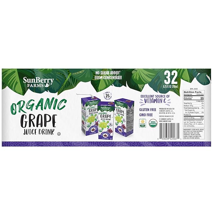 Sunberry Farms Organic Grape Juice Drink – 32 Pack (6.75 fl oz Each) | USDA Organic | No Sugar Added | Gluten-Free | GMO-Free | Preservative Free | Excellent Source of Vitamin C