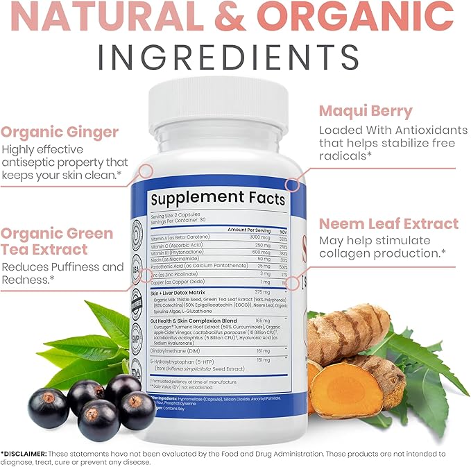 Zen Nutrients SkinVite Natural Skin Supplement for Women Men &amp Teens - Hormonal Breakouts &amp Clear Skin Support Supplement - Detoxifying Vitamin for Acne and Digestion Support