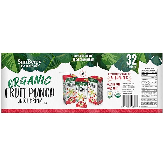 Sunberry Farms Organic Fruit Punch Juice Drink – 32 Pack (6.75 fl oz Each) | USDA Organic | No Sugar Added | Gluten-Free | GMO-Free | Preservative Free | Excellent Source of Vitamin C