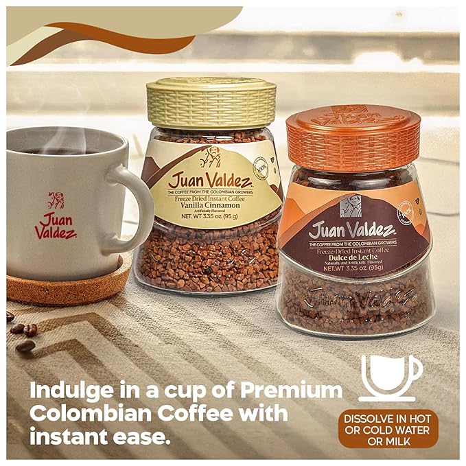 Juan Valdez Freeze-Dried Instant Coffee Bundle - Dulce de leche (3.5 oz) &amp Vanilla Cinnamon (3.35 oz) Flavors | 100% Colombian Arabica Beans | Smooth &amp Aromatic - Premium Colombian Coffee | 2