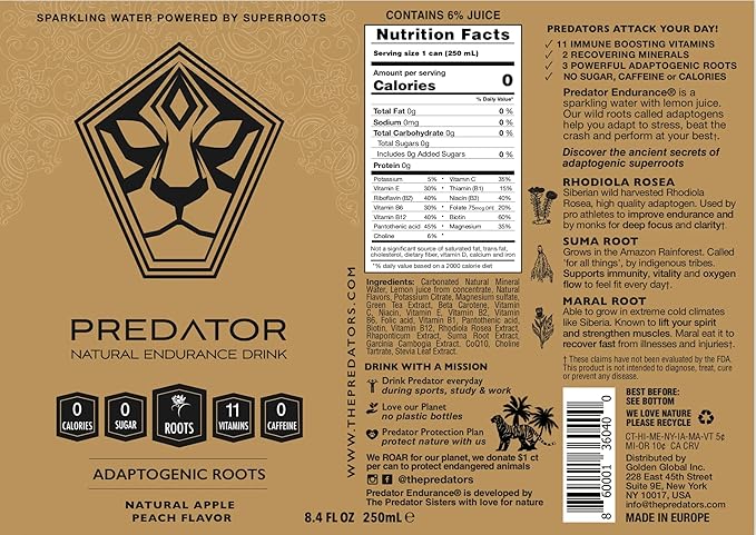 Predator Endurace Gold - Apple Peach - Adaptogens: Rhodiola Rosea Leuzea Root Suma Root - No Sugar and No caffeine -12-pack