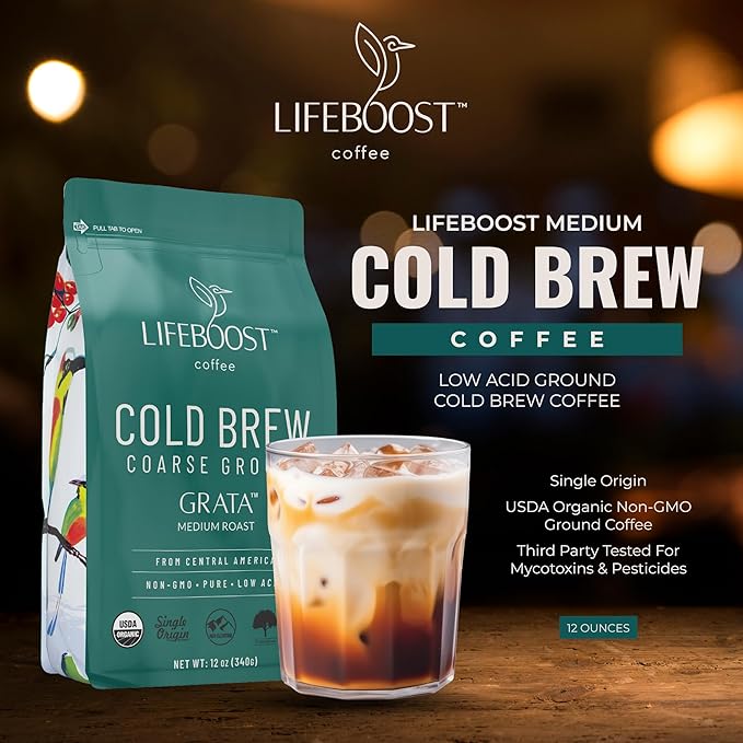 Lifeboost Low Acid Cold Brew Coffee – Organic Coarse Ground Medium Roast for Cold Brew – Single Origin Non-GMO 3rd Party Tested for Mycotoxins &amp Pesticides USDA Organic – Smooth &amp Bold Flav