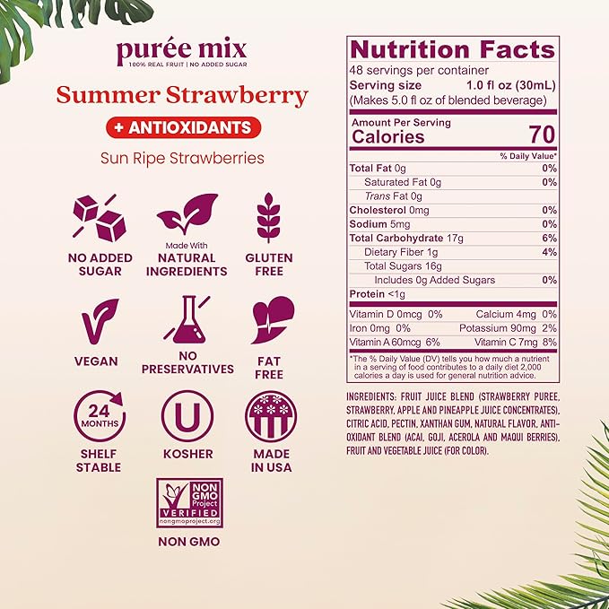 Smartfruit Summer Strawberry + Antioxidants – 100% Real Fruit Purée with Strawberries Apple &amp Pineapple – Great for Smoothies Juice Yogurt Cocktails Teas &amp More – 48oz