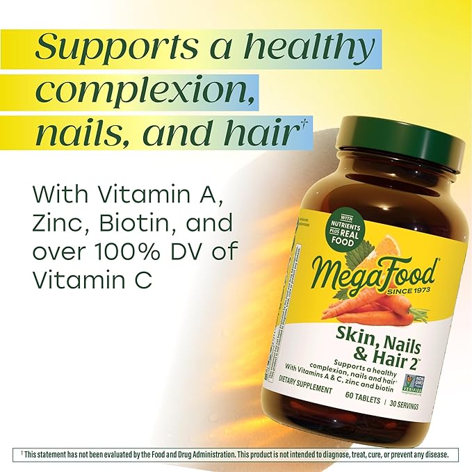 MegaFood Skin Nails &amp Hair 2 - Vitamins for Women &amp Men - Biotin Vitamin A C Zinc B6 E Pantothenic Acid - Vegan - Made Without 9 Food Allergens - 60 Tabs (30 Servings)