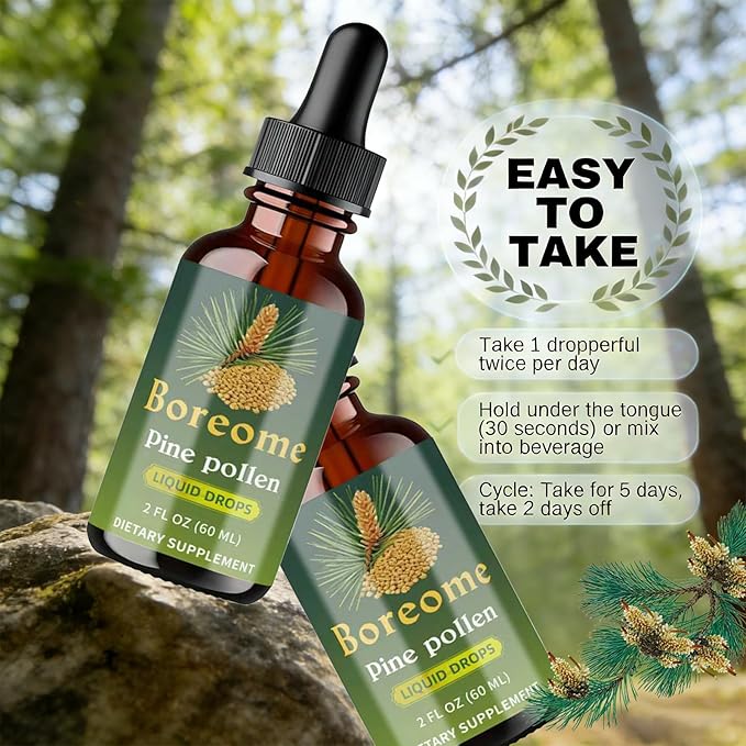Pine Pollen Tincture - Pine Pollen Powder Liquid Drops for Men &amp Women - Vegan Sugar &amp Alcohol-Free Supplement - 2 fl oz