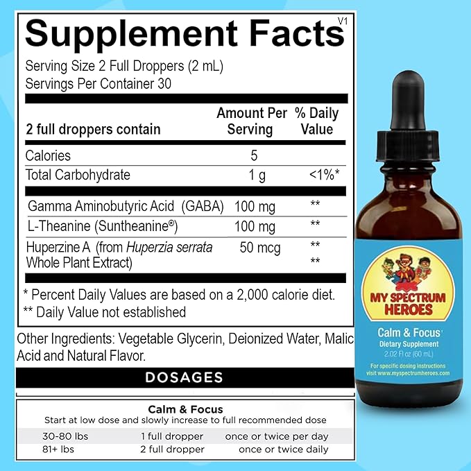 My Spectrum Heroes Calm &amp Focus Supplement Drops - Brain Support with L-theanine GABA Huperzine A - Enhance Focus for Kids or Adults - Boost Concentration for Kids &amp Teens - 2.02 FL oz. (60