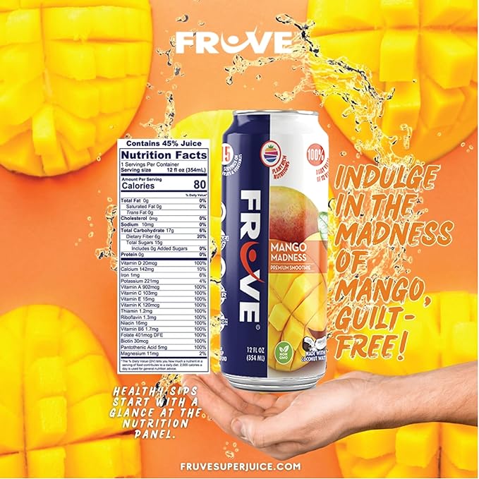 Fruve a healthy super juice drink with real fruit | Gut Health &amp Immunity Benefits | non-GMO | low calorie | Mango Madness | 12 fl oz (12 Pack)