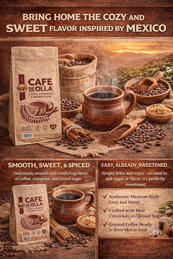 Mexican Cafe Ground Coffee - Cinnamon Brown Sugar Arabica Blend Pre-Sweetened 40oz (40 Cups) Hot/Iced