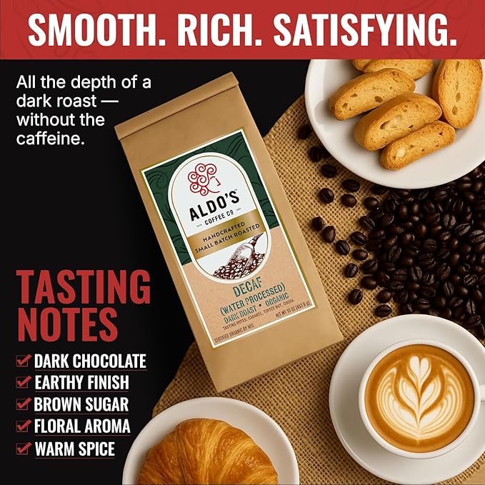 Aldo’s Coffee Co. Organic Water Process Decaf Coffee Dark Roast 100% Arabica from East Timor 16 oz (Coarse Grind)