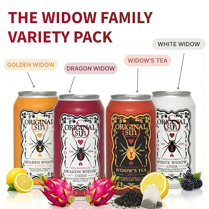 Original Sin Non Alcoholic Cider - Variety PAck | Sparkling Apple Cider Vinegar Drink with 25% Fruit Juice | Sugar Free Non Alcoholic Drinks- 4 Flavours with 3 Cans Each