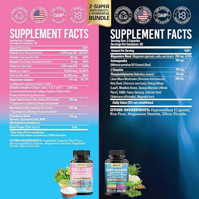 Shining Serenity Set Cortisol Support with Ashwagandha L-Theanine Magnesium Lions Mane GABA Bacopa Monnieri Collagen I II III V X Folate Biotin Keratin Hyaluronic Acid Quercetin
