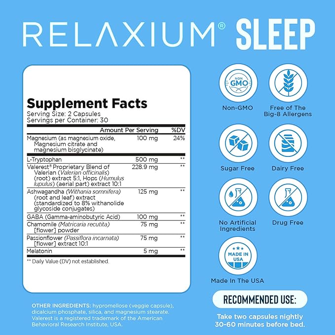 Relaxium Sleep Aid for Adults Melatonin 5mg with Magnesium Glycinate Sleep-Promoting Valerest &amp Ashwagandha Non-Habit Forming Sleep Supplement 60 Capsules 30-Day Supply
