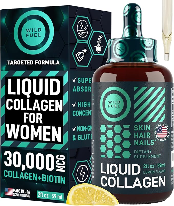 WILD FUEL Liquid Collagen Peptides with Biotin Vitamins for Hair Skin and Nails - 30000mcg Biotin and Collagen Liquid for Women and Men - Lemon Flavor up to 2-Month - 2 oz