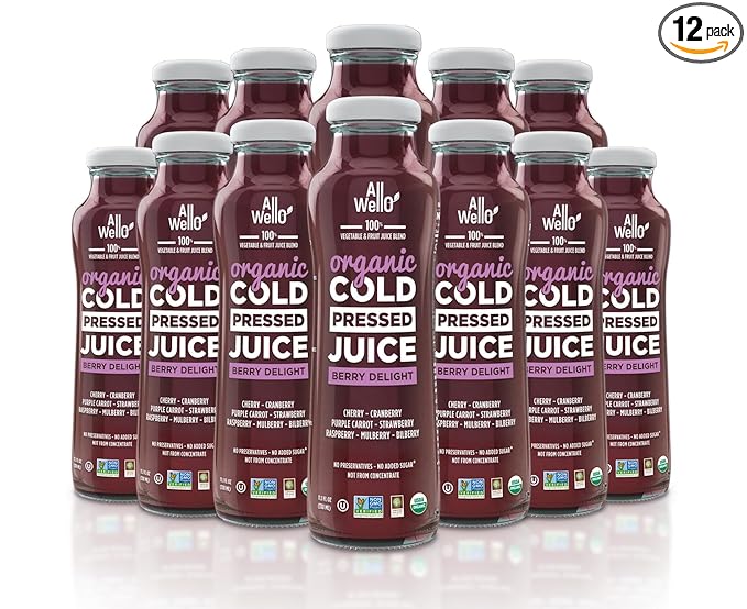 AllWellO Organic Cold Pressed Juice Drinks with Real Fruits and Vegetables Gluten Free Non-GMO Healthy Juices No Preservatives No Sugar Added (Berry Delight 12 Pack)