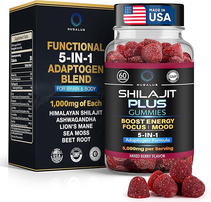 Shilajit Plus Gummies – 5-in-1 Adaptogen Energy &amp Focus Supplement | Shilajit Ashwagandha Lion’s Mane Sea Moss &amp Beet Root | Natural Energy &amp Stress Support | Made in USA Vegan 60ct