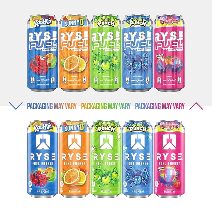 RYSE Fuel Energy Drink - Strawberry Squeeze - Sugar Free Gluten Free &amp Vegan - 200mg Natural Caffeine Taurine &amp Choline for Focus &amp Energy - No Artificial Colors - 16 fl oz Cans (12-Pack