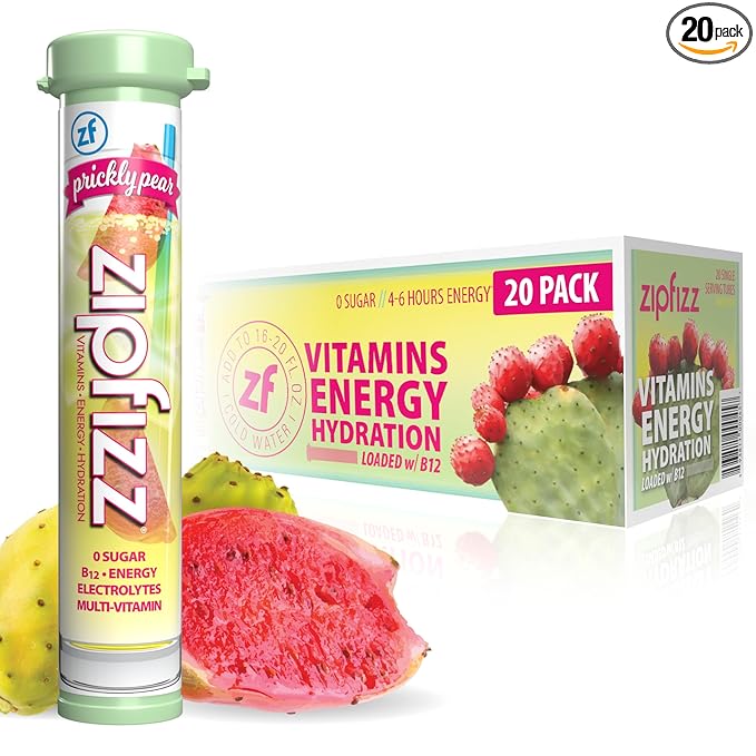 Zipfizz Daily Energy Drink Powder Prickly Pear 20 Pack | 3-in-1 Sustained Energy Rapid Hydration and Essential Vitamins | Sugar-Free | Electrolyte Powder | Contains Vitamin B-12 &amp Antioxidants