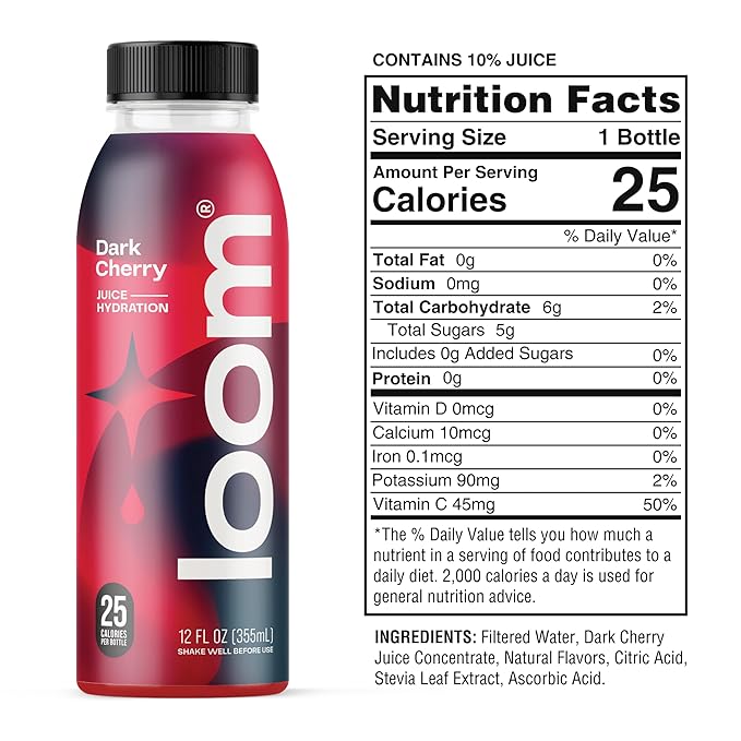 Dark Cherry Juice Drinks by Loom Low Sugar Juice Real Fruit No Added Sugar Healthy Hydration 30 Calories 12 oz bottles 12 pack