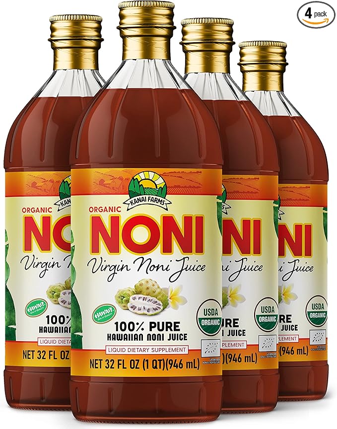 Virgin Noni Juice - 100% Pure Organic Hawaiian Noni Juice - 4 Pack of 32oz Glass Bottles