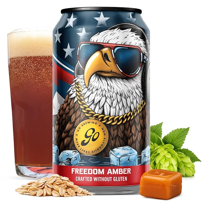 Go Brewing - Freedom Amber - Gluten-Free Non-Alcoholic Craft Beer - Small Batch Low-Calorie Brew - Earthy Caramel and Corn Flavor Profile - Smooth Finish - Ideal for Any Occasion (12 Oz 12 Cans)